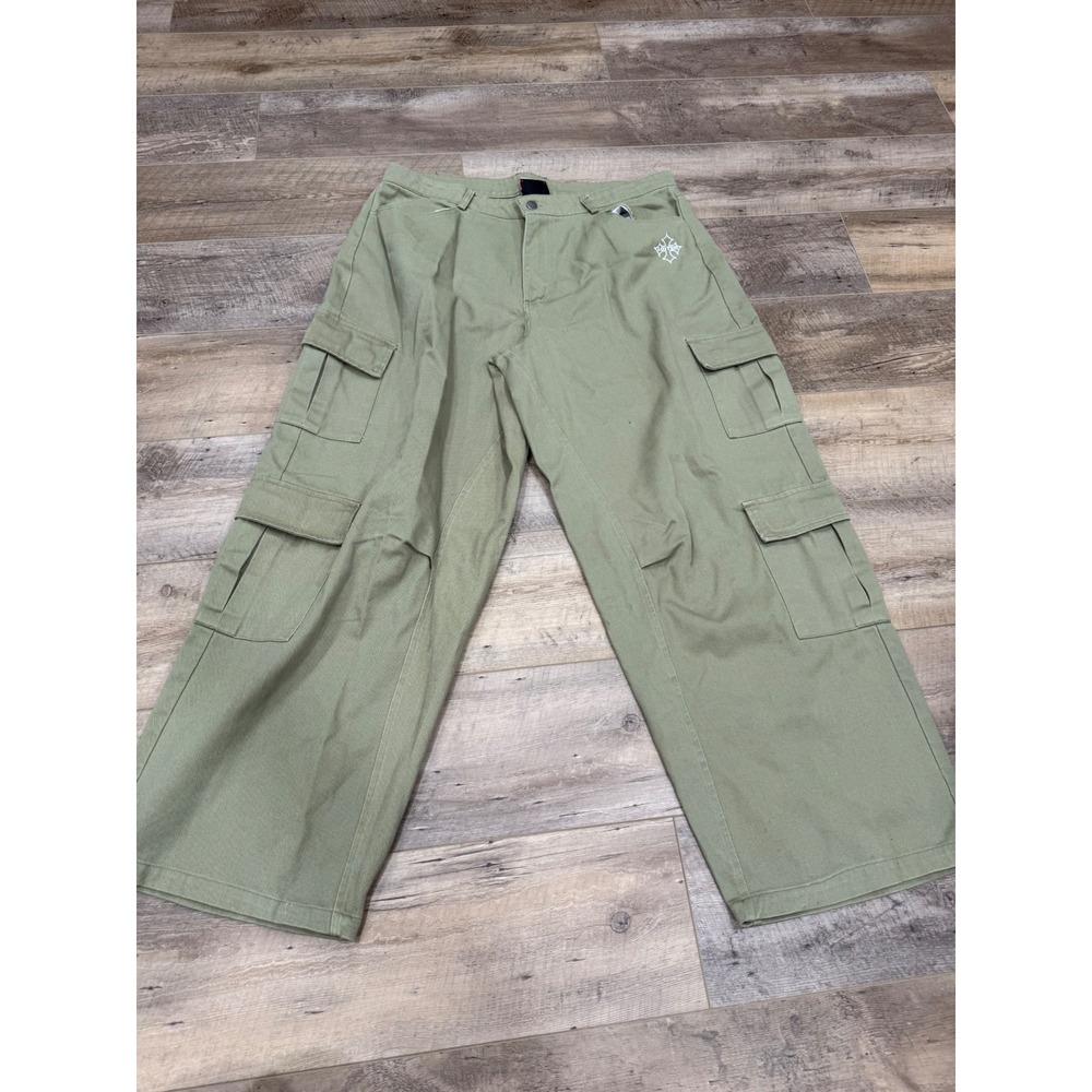 Loiter Mens 34 Sage Green Wide Leg Cargo Pants Embroidered Logo Streetwear Baggy